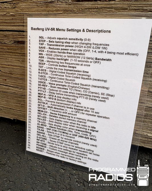 Baofeng UV-5R Settings & Radio Image Card