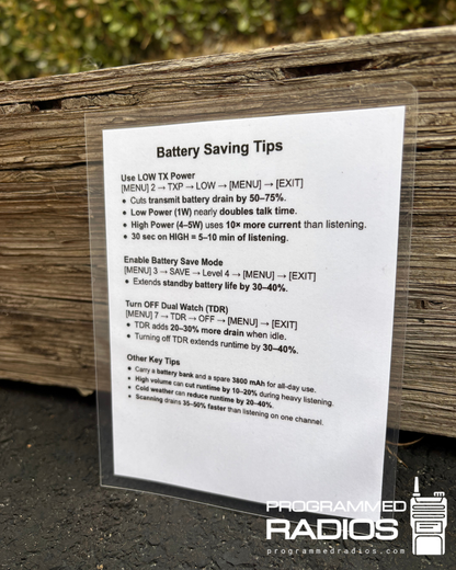 Baofeng UV-5R Battery Guide & Battery Tips Card
