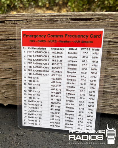 Emergency Comms Frequency Card