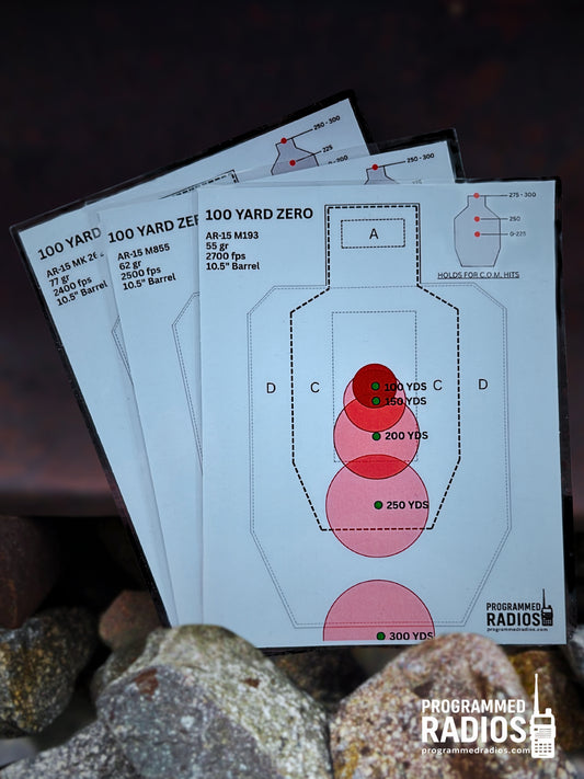 AR-15 10.3”/10.5” 100 Yard Zero Pack - 55 gr, 62 gr, 77 gr — front view with current Programmed Radios logo