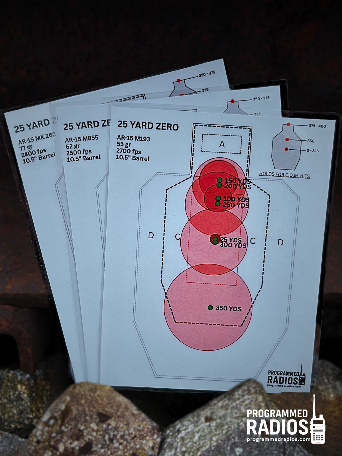AR-15 10.3”/10.5” 25 Yard Zero Pack - 55 gr, 62 gr, 77 gr — front view with current Programmed Radios logo