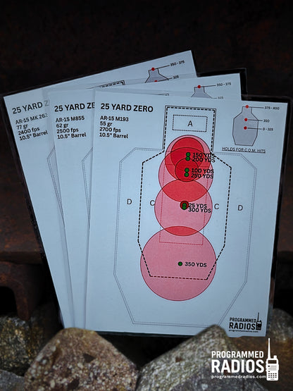 AR-15 10.3”/10.5” 25 Yard Zero Pack - 55 gr, 62 gr, 77 gr — front view with current Programmed Radios logo