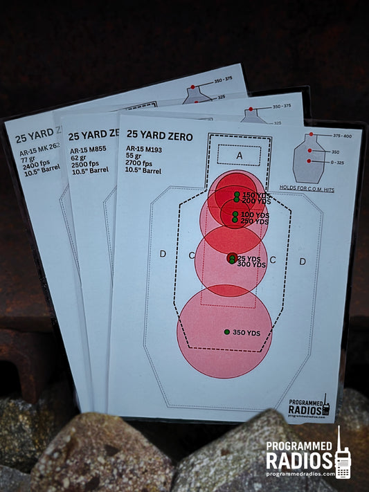 AR-15 10.3”/10.5” 25 Yard Zero Pack - 55 gr, 62 gr, 77 gr — front view with current Programmed Radios logo