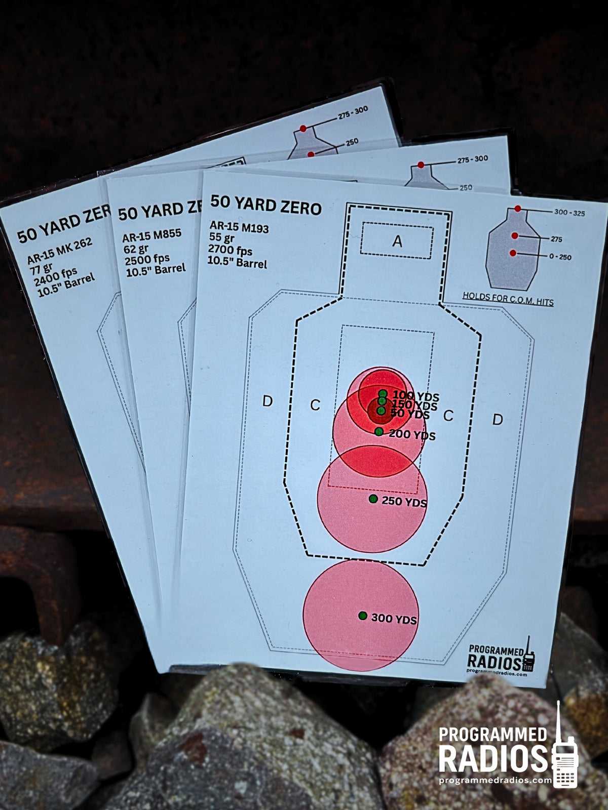 AR-15 10.3”/10.5” 50 Yard Zero Pack - 55 gr, 62 gr, 77 gr — front view with current Programmed Radios logo