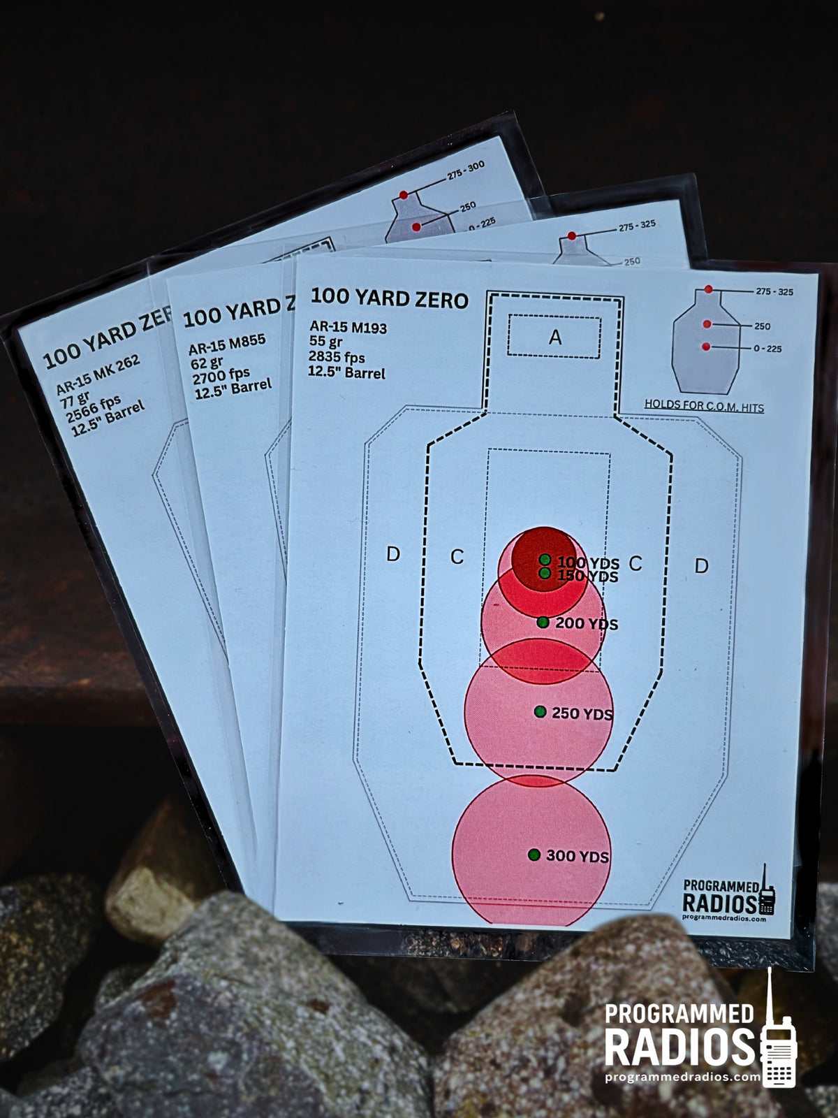 AR-15 12.5” 100 Yard Zero Pack - 55 gr, 62 gr, 77 gr — front view with current Programmed Radios logo