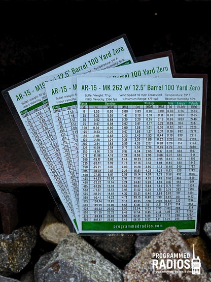 AR-15 12.5” 100 Yard Zero Pack - 55 gr, 62 gr, 77 gr — table view with current Programmed Radios logo