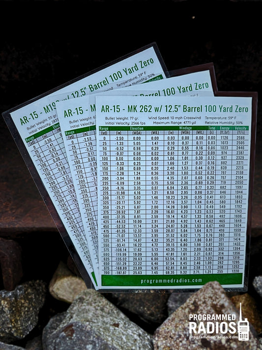 AR-15 12.5” 100 Yard Zero Pack - 55 gr, 62 gr, 77 gr — table view with current Programmed Radios logo