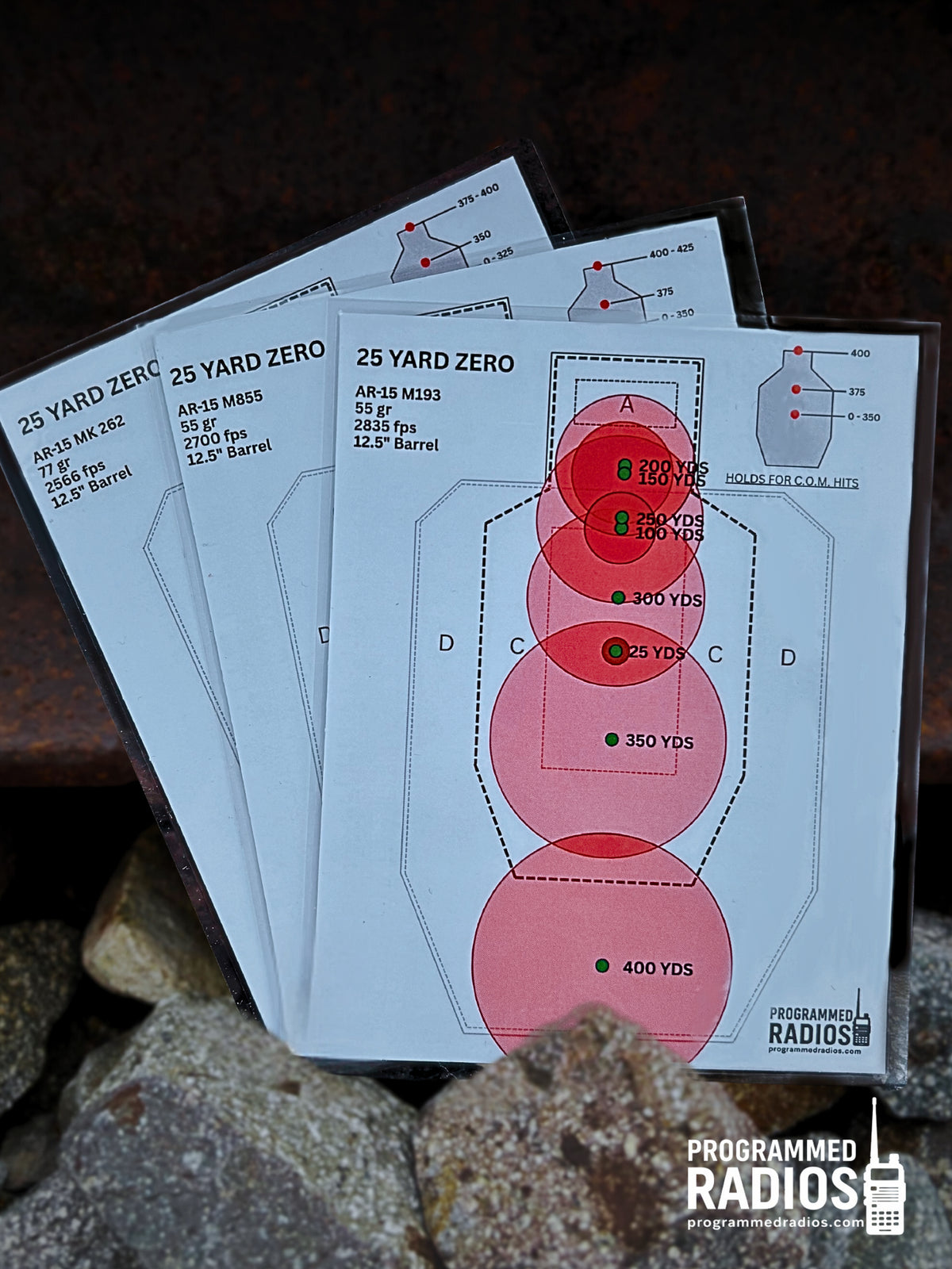 AR-15 12.5” 25 Yard Zero Pack - 55 gr, 62 gr, 77 gr — front view with current Programmed Radios logo