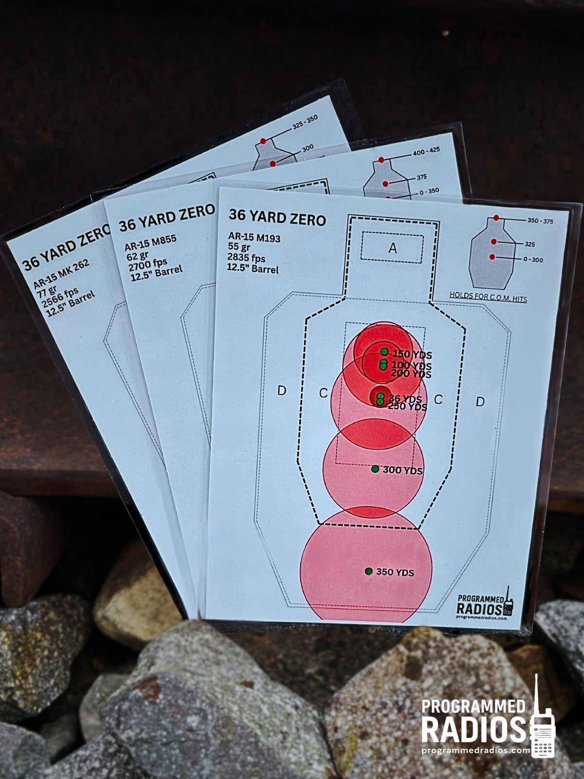 AR-15 12.5” 36 Yard Zero Pack - 55 gr, 62 gr, 77 gr — front view with current Programmed Radios logo