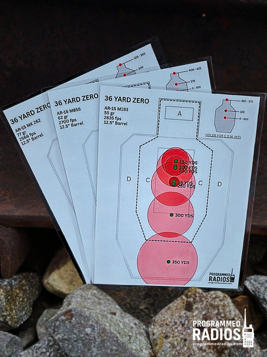 AR-15 12.5” 36 Yard Zero Pack - 55 gr, 62 gr, 77 gr — front view with current Programmed Radios logo
