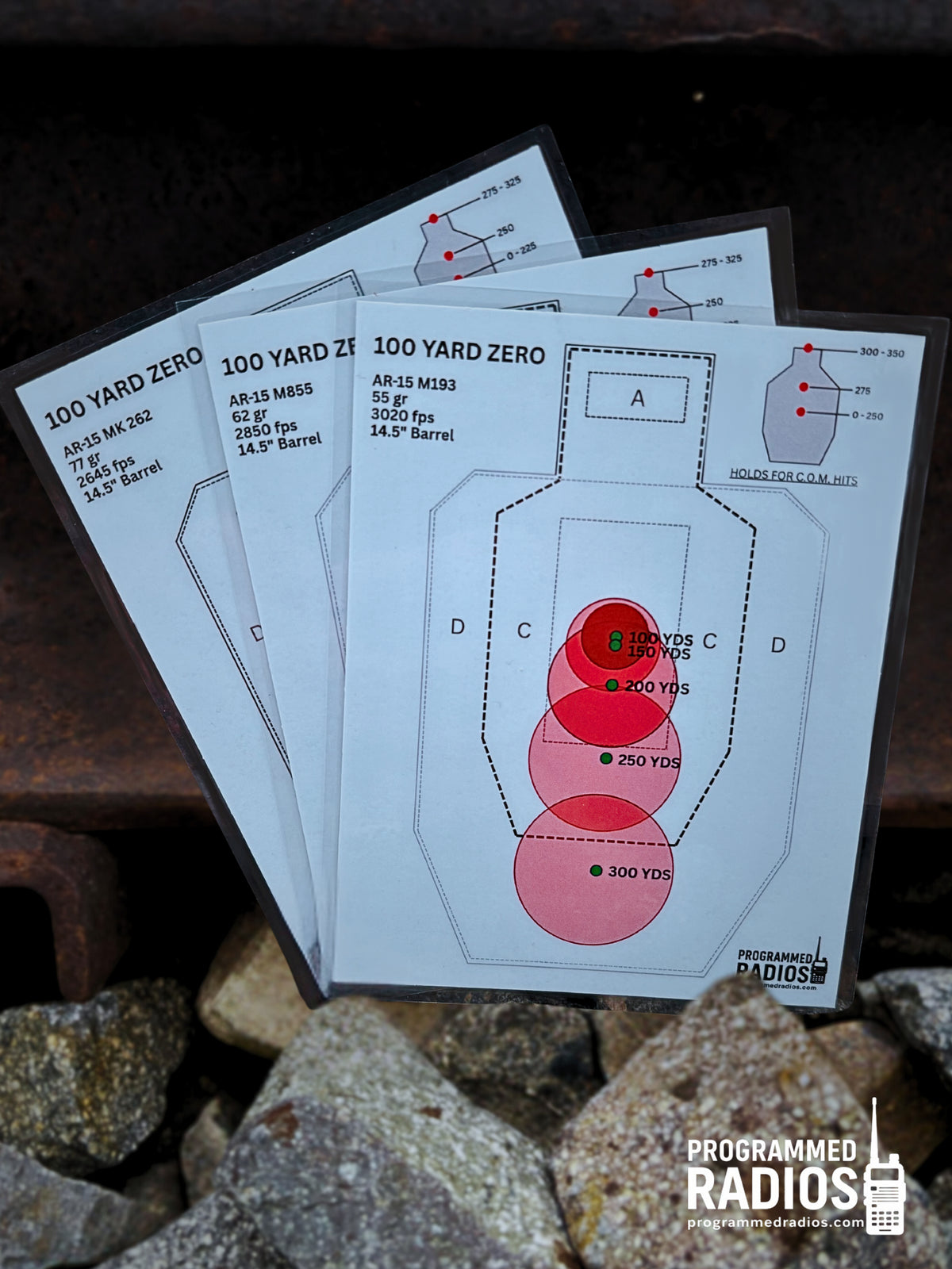 AR-15 14.5” 100 Yard Zero Pack - 55 gr, 62 gr, 77 gr — front view with current Programmed Radios logo