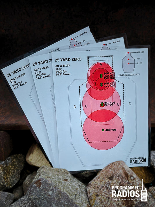 AR-15 14.5” 25 Yard Zero Pack - 55 gr, 62 gr, 77 gr — front view with current Programmed Radios logo