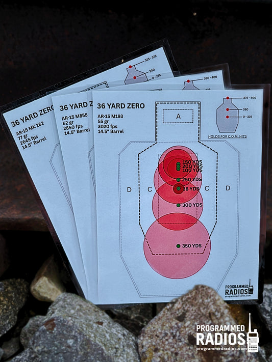 AR-15 14.5” 36 Yard Zero Pack - 55 gr, 62 gr, 77 gr — front view with current Programmed Radios logo