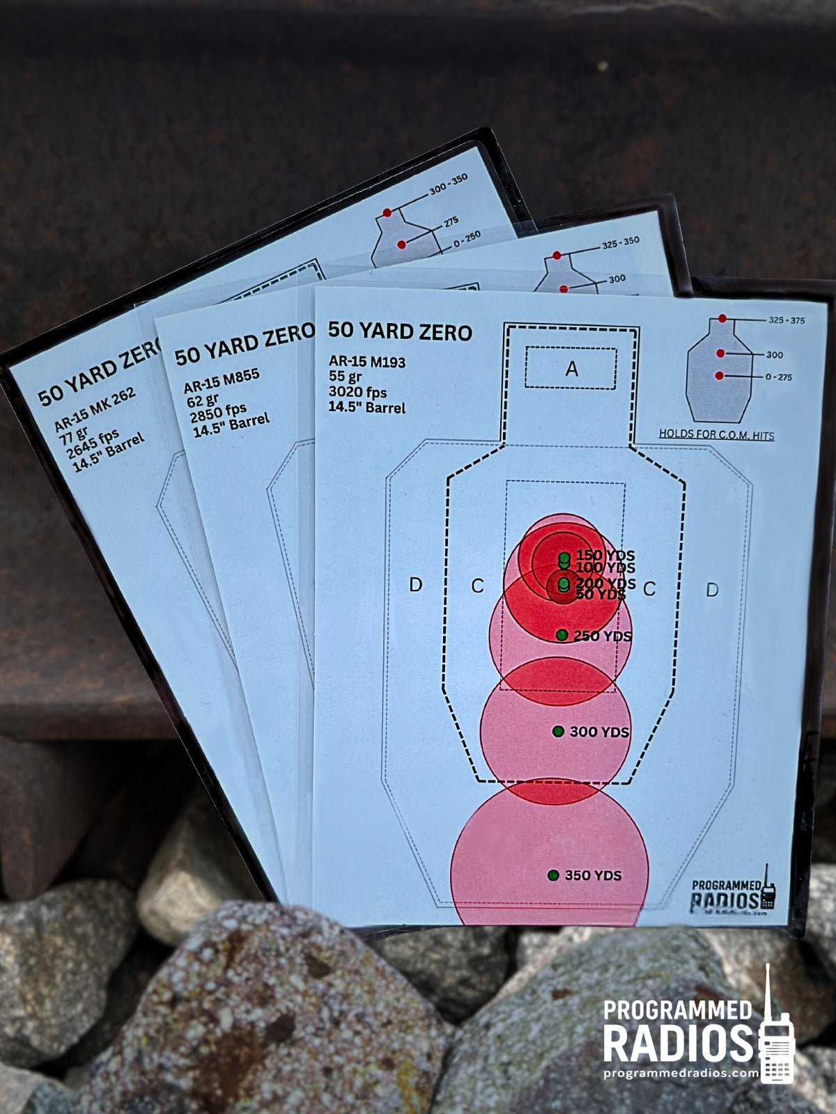 AR-15 14.5” 50 Yard Zero Pack - 55 gr, 62 gr, 77 gr — front view with current Programmed Radios logo