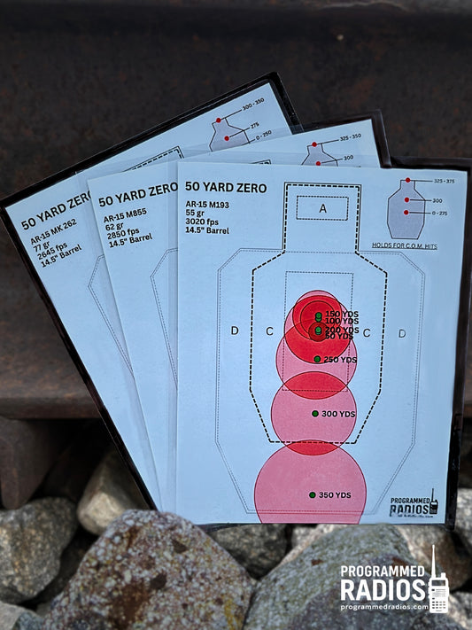AR-15 14.5” 50 Yard Zero Pack - 55 gr, 62 gr, 77 gr — front view with current Programmed Radios logo