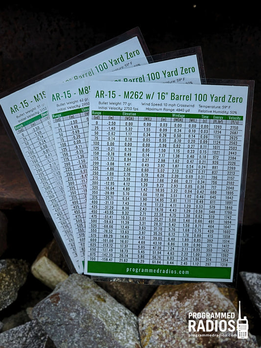 AR-15 16” 100 Yard Zero Pack - 55 gr, 62 gr, 77 gr — table view with current Programmed Radios logo