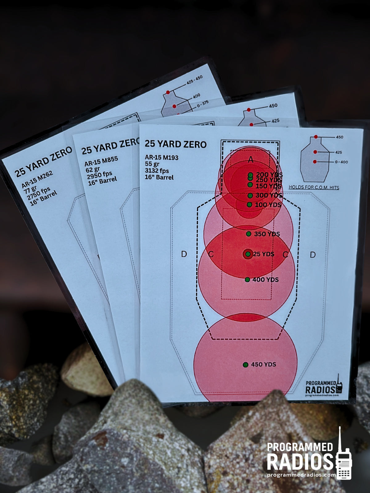 AR-15 16” 25 Yard Zero Pack - 55 gr, 62 gr, 77 gr — front view with current Programmed Radios logo