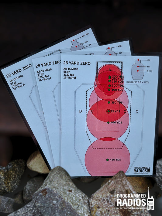 AR-15 16” 25 Yard Zero Pack - 55 gr, 62 gr, 77 gr — front view with current Programmed Radios logo