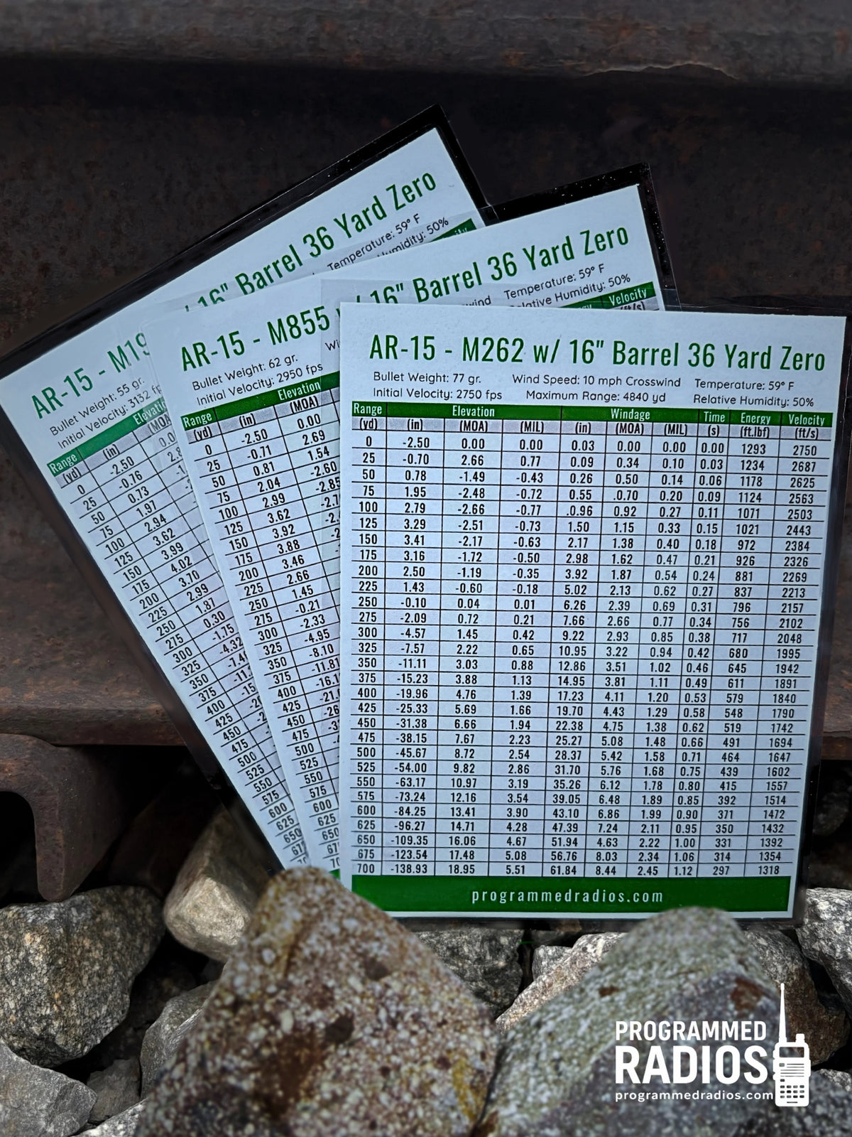 AR-15 16” 36 Yard Zero Pack - 55 gr, 62 gr, 77 gr — table view with current Programmed Radios logo
