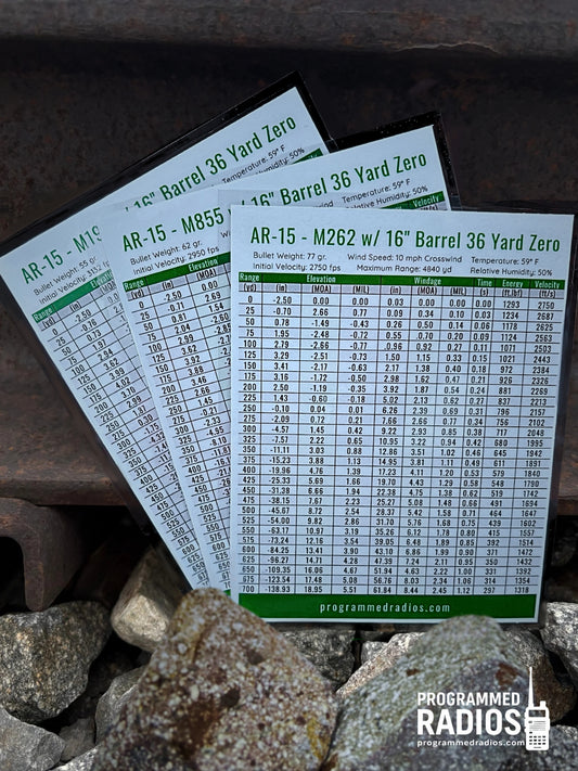 AR-15 16” 36 Yard Zero Pack - 55 gr, 62 gr, 77 gr — table view with current Programmed Radios logo