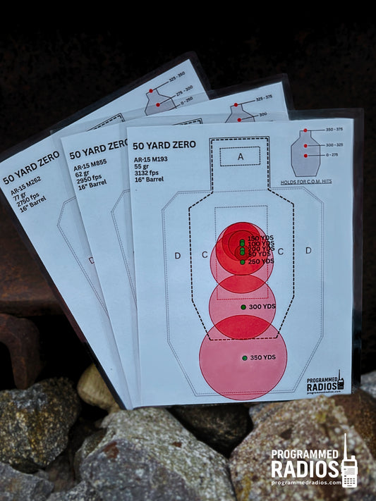 AR-15 16” 50 Yard Zero Pack - 55 gr, 62 gr, 77 gr — front view with current Programmed Radios logo