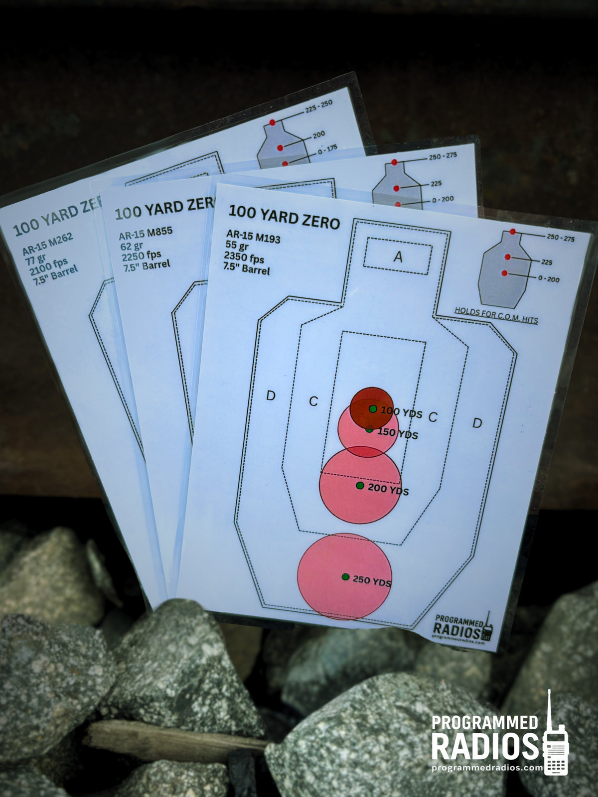 AR-15 7.5-inch barrel, 100-yard zero, three-card pack front view with Programmed Radios logo