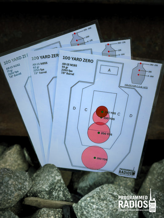 AR-15 7.5-inch barrel, 100-yard zero, three-card pack front view with Programmed Radios logo