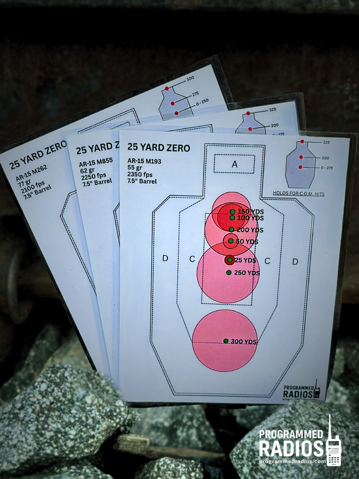 AR-15 7.5-inch barrel, 25-yard zero, three-card pack front view with Programmed Radios logo
