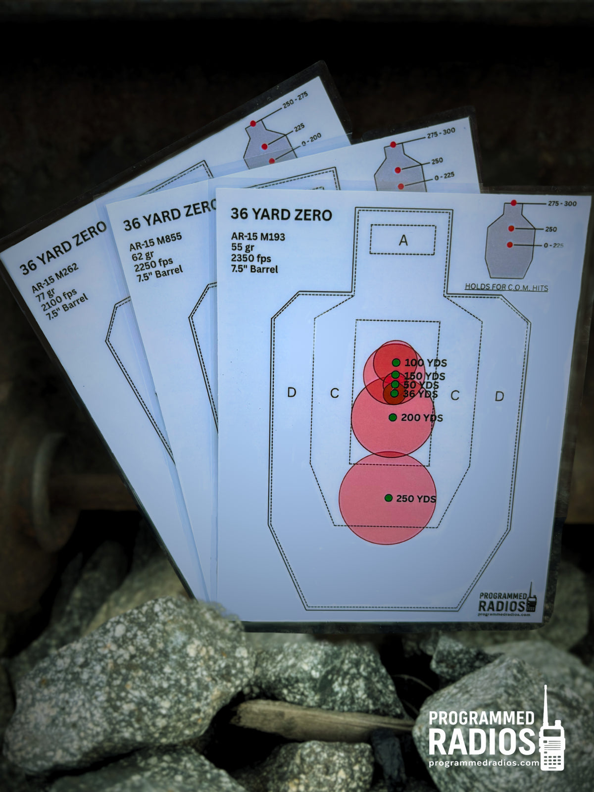 AR-15 7.5-inch barrel, 36-yard zero, three-card pack front view with Programmed Radios logo