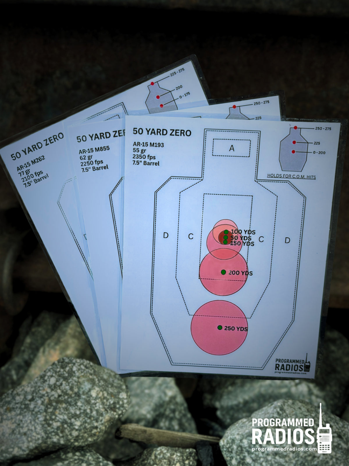 AR-15 7.5-inch barrel, 50-yard zero, three-card pack front view with Programmed Radios logo