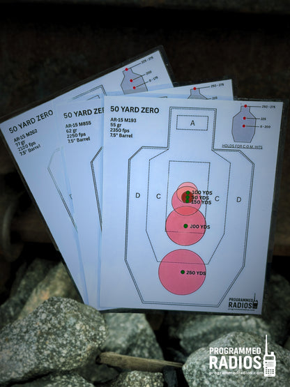 AR-15 7.5-inch barrel, 50-yard zero, three-card pack front view with Programmed Radios logo