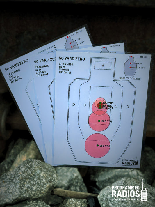 AR-15 7.5-inch barrel, 50-yard zero, three-card pack front view with Programmed Radios logo