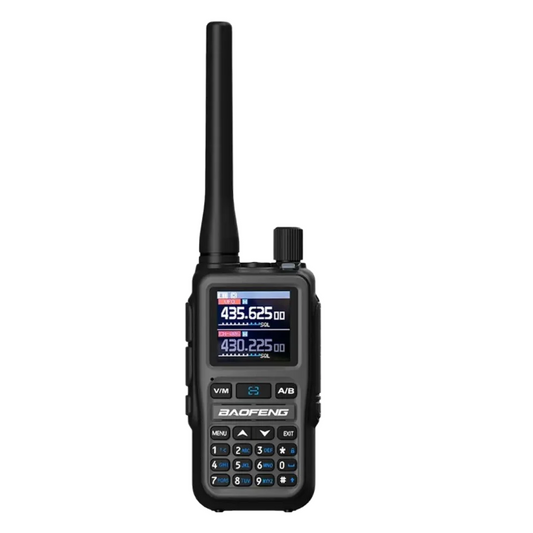 Single grey Baofeng UV-5R Mini radio, front view with full antenna
